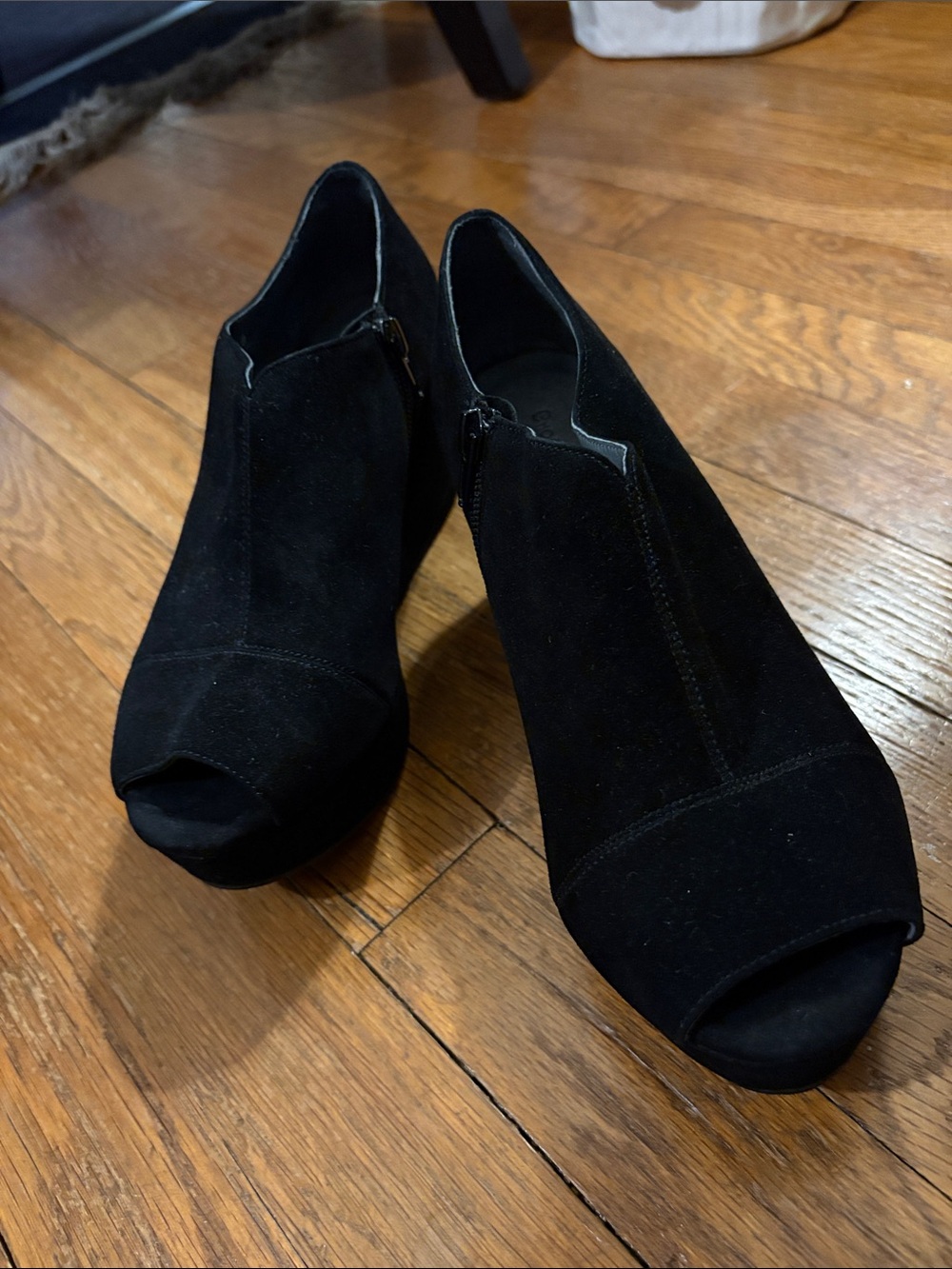 Chocolat Blu Black Suede Peep-Toe Wedge Booties